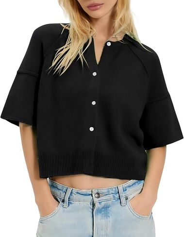 Women's Short Sleeved Cardigan Sweater Round Neck Buttons Short Knit Top Cut Casual Ribbed Hem Pullover in Saudi Arabia