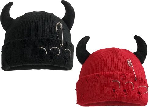 المتعثرة القوطية الشيطان القرن قبعة الحديد حلقة محبوك قبعة Y2K الجرونج ايمو الملحقات in Kuwait