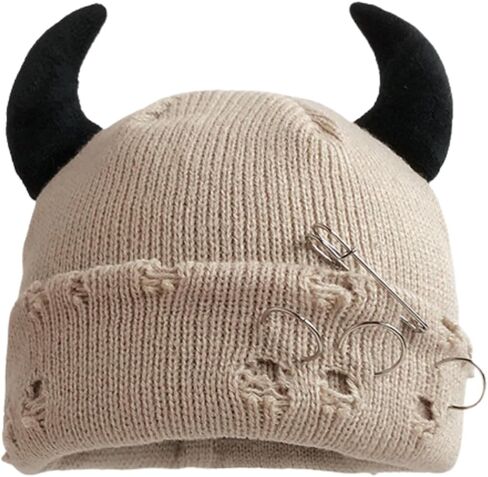 Distressed Gothic Devil Horn Beanie Iron Ring Knitted Hat Y2K Grunge Emo Accessories in Saudi Arabia