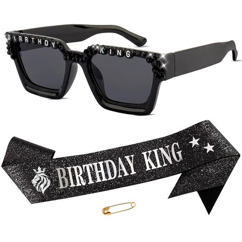 Chanaco Birthday Decorations for Men Birthday King Sash Sunglasses Party Favor Black and Silver Party Accessories Gifts Outfit in Kuwait