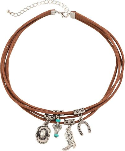 Western Cowgirl Necklace for Women Boho Choker Necklace Silver Cowboy Boot Necklace Layered Leather Choker Necklace Handmade Bohemian Country Jewelry Accessories in Kuwait