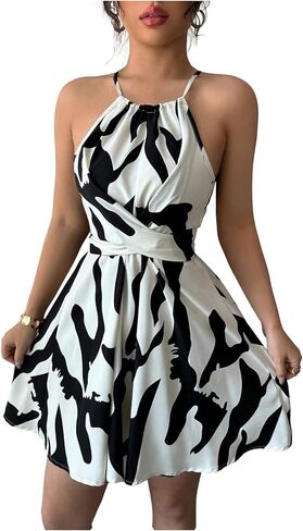 OYOANGLE Women's Halter Flowy Mini Dress Elegant Tie Back Sleeveless Evening Party Cocktail Dresses in Saudi Arabia