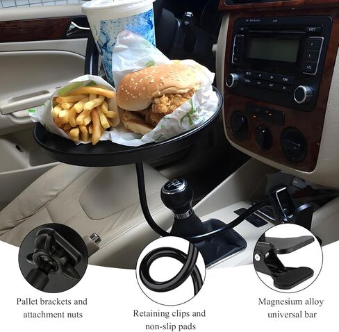 Adjustable Food Tray for Car, 360° Swivel Non-Slip Car Drink Cup Snack Table Clip Type Dining Trays, 8.7 Inch Rotating Food Table Folding Storage Tray for Most Vehicles in Saudi Arabia
