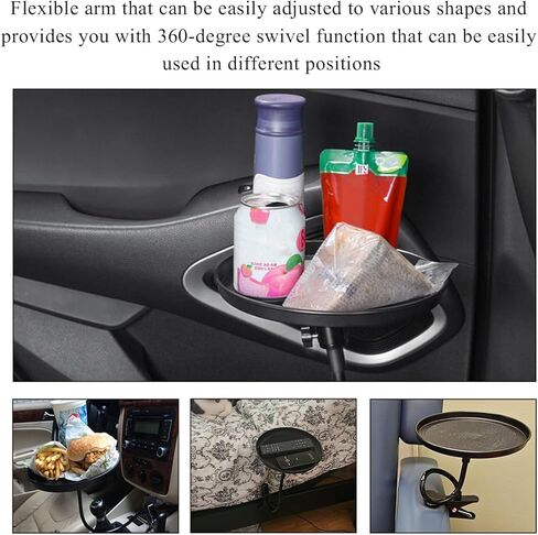 Adjustable Food Tray for Car, 360° Swivel Non-Slip Car Drink Cup Snack Table Clip Type Dining Trays, 8.7 Inch Rotating Food Table Folding Storage Tray for Most Vehicles in Saudi Arabia