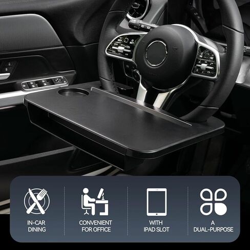 Oshotto (FT-06) مكتب عجلة القيادة 2 في 1 | طاولة صينية مع منظم حشو فجوة المقعد | صينية طعام السيارة للسائق | مكتب سيارة للابتوب والأكل - أسود in Kuwait
