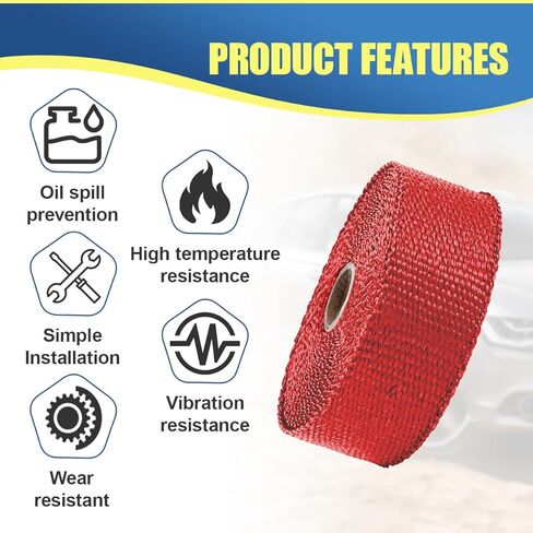 Craedli 2" x 16 Ft Car Exhaust Heat Wrap Roll, Motorcycle Fiberglass Exhaust Tube Heat Shield Tape with 10 Stainless Ties, Universal Exhausts Manifold Accessories for Car, SUV, Motorcycle (Red) in Saudi Arabia