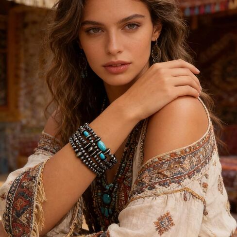 Boho Bracelets for Women Stackable Turquoise Navajo Pearls Butterfly Cow Charm Western Beaded Bracelet Stack Boho Fashion Trendy Jewelry Gifts in Saudi Arabia