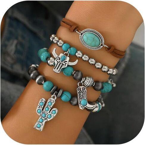 Boho Bracelets for Women Stackable Turquoise Navajo Pearls Butterfly Cow Charm Western Beaded Bracelet Stack Boho Fashion Trendy Jewelry Gifts in Saudi Arabia