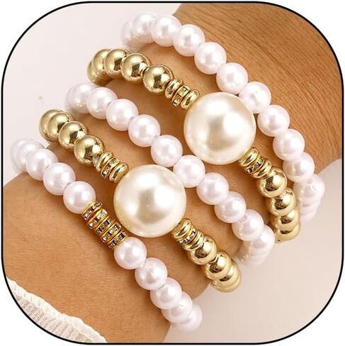 5Pcs Pearl Stackable Bracelets for Women Multilayer Metal Beaded Bracelets Set CZ Elastic Strand Bangles Trendy Wedding Bridesmaid Jewelry in Saudi Arabia