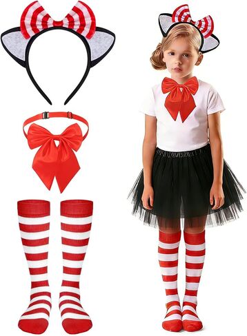 طقم إكسسوارات زي القطة مكون من 3 قطع يتضمن عصابة رأس على شكل آذان القطط مع ربطة عنق حمراء مزخرفة باللون الأحمر مخططة بطول الركبة وجوارب ربطة عنق للحفلات التنكرية in Kuwait