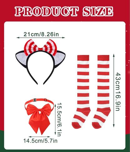 طقم إكسسوارات زي القطة مكون من 3 قطع يتضمن عصابة رأس على شكل آذان القطط مع ربطة عنق حمراء مزخرفة باللون الأحمر مخططة بطول الركبة وجوارب ربطة عنق للحفلات التنكرية in Kuwait