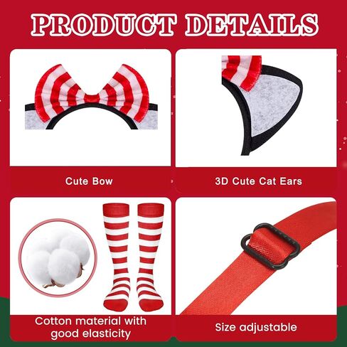 طقم إكسسوارات زي القطة مكون من 3 قطع يتضمن عصابة رأس على شكل آذان القطط مع ربطة عنق حمراء مزخرفة باللون الأحمر مخططة بطول الركبة وجوارب ربطة عنق للحفلات التنكرية in Kuwait