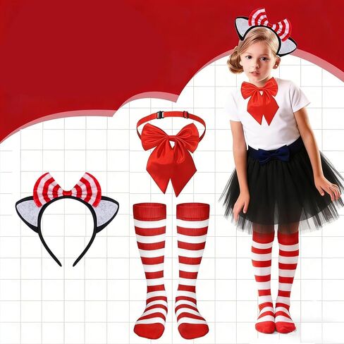 طقم إكسسوارات زي القطة مكون من 3 قطع يتضمن عصابة رأس على شكل آذان القطط مع ربطة عنق حمراء مزخرفة باللون الأحمر مخططة بطول الركبة وجوارب ربطة عنق للحفلات التنكرية in Kuwait