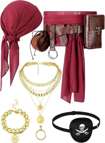 10 Pcs Pirate Costume Pirate Belt Head Women Men Pirates Accessory Purse Bandana Head Eye Patch Keyring Jewelry Set in Saudi Arabia