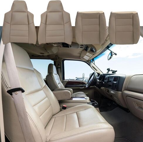 غطاء مقعد جلدي بديل للسائق والراكب من الجانب السفلي والعلوي من GXARTS TAN متوافق مع Ford F250 F350 F450 F550 2002-2007 مناسب لـ Ford Excursion 2002 2003 2004 2005 in Saudi Arabia