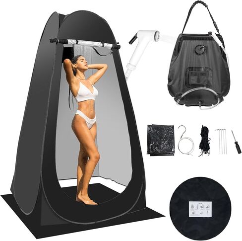 Portable Camping Bathroom Tent,Shower Tent Kit,Pop Up Privacy Tent, Outdoor Changing Tent with 5 Gallon Shower Bag-(Nozzle Upgraded)(Black) in Kuwait