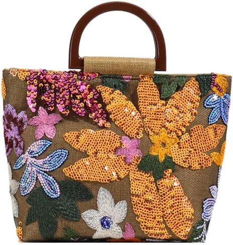 Women’s Boho Sequin Floral Tote Bag - Small Linen Handbag in Saudi Arabia