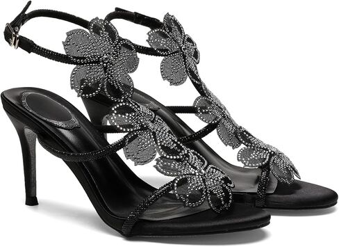 Women's Evening Sandals, Black Crystal T-Strap, 3.5" Heel, Floral Rhinestone Design, Wedding Party Formal Shoes in Saudi Arabia