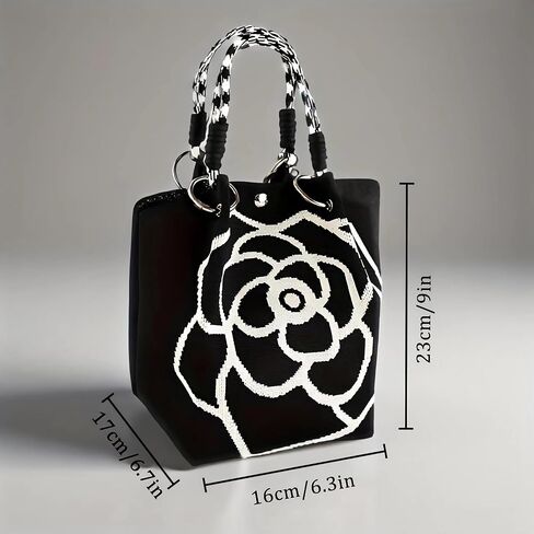 حقائب دلو صغيرة للنساء، حقائب يد صغيرة لطيفة بمقبض علوي، حقائب حمل من الكروشيه باللون الأسود، حقائب خفيفة الوزن هدايا للسيدات الحياكة العصرية in Kuwait