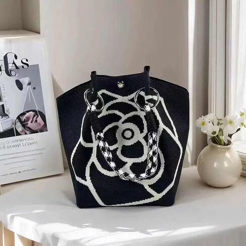 حقائب دلو صغيرة للنساء، حقائب يد صغيرة لطيفة بمقبض علوي، حقائب حمل من الكروشيه باللون الأسود، حقائب خفيفة الوزن هدايا للسيدات الحياكة العصرية in Kuwait