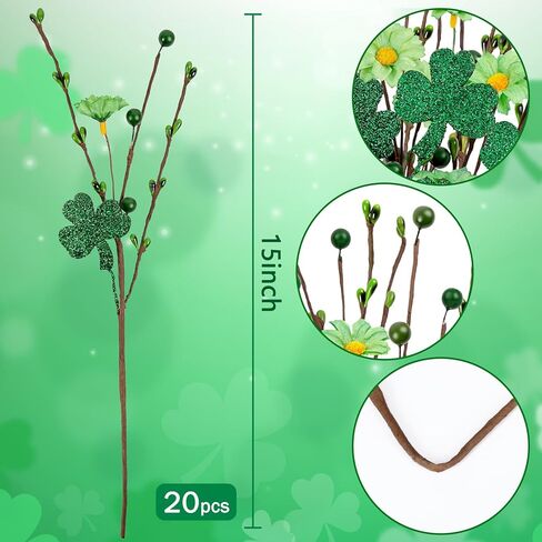 20PCS St Patricks Day Decorations Shamrock Picks Artificial Flowers Decor Floral Stems for Home Party Table Centerpiece in Saudi Arabia