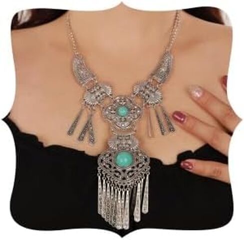 Wiwpar Vintage Bohemian Ethnic Tribal Necklace Boho Statement Turquoise Collar Necklace Chunky Tassel Long Chain Pendant for Women Girls Bib Necklace Jewelry Gift in Kuwait
