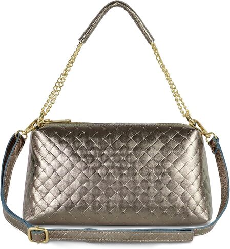 حقيبة كروس من الجلد الطبيعي الإيطالي للنساء مع حزام سلسلة من الجلد السويدي المعدني المنقوش | محفظة كتف متوسطة in Kuwait