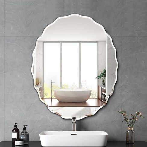 pregaspor 24x30 بوصة مرآة الحائط البيضاوية بدون إطار لحوض الحمام، الحد الأدنى مرآة الغرور الحمام مع حافة مشطوفة، المرايا الحديثة لديكور الحائط غرفة المعيشة مدخل غرفة النوم in Kuwait