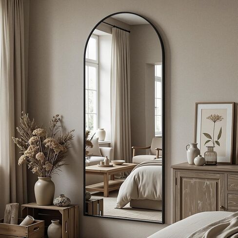 Antok Full-Length Arched Floor Mirror, Freestanding Or Wall-Mounted, with Stand, Aluminum Frame Full Body Mirrors for Bedroom, Living Room Cloakroom, 58" L x 21" W, Black in Kuwait