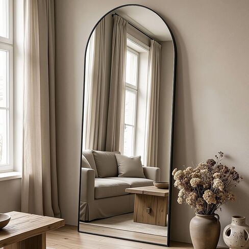 Antok Full-Length Arched Floor Mirror, Freestanding Or Wall-Mounted, with Stand, Aluminum Frame Full Body Mirrors for Bedroom, Living Room Cloakroom, 58" L x 21" W, Black in Kuwait