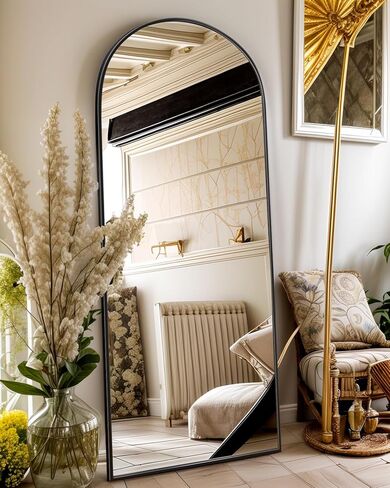 Antok Full-Length Arched Floor Mirror, Freestanding Or Wall-Mounted, with Stand, Aluminum Frame Full Body Mirrors for Bedroom, Living Room Cloakroom, 58" L x 21" W, Black in Kuwait