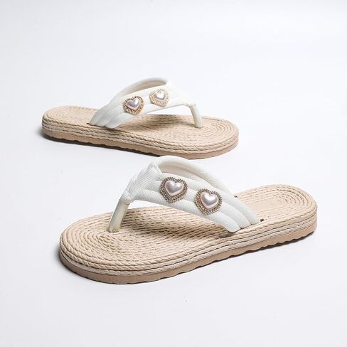 Women's White Flip Flops with Pearl Heart Decor, Casual Summer Beach Thong Sandals with Braided Sole in Saudi Arabia