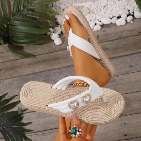 Women's White Flip Flops with Pearl Heart Decor, Casual Summer Beach Thong Sandals with Braided Sole in Saudi Arabia