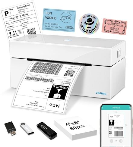 طابعة ملصقات الشحن الحرارية ORGBRO Bluetooth، طابعة ملصقات الشحن Z1-Plus اللاسلكية 4X6 لمكاتب الأعمال الصغيرة أو دعم المنزل iPhone Android Windows macOS Chrome Amazon Ebay Shopify USPS in Kuwait