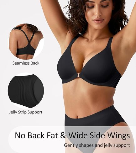DEANGELMON Front Closure Bras for Women Jelly Wireless Padded Racerback Bralett Seamless Low Cut V-Neck Lightweight T-Shirts Bra Black Small in Kuwait
