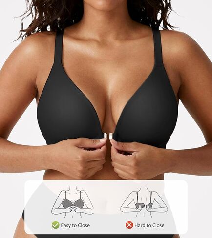 DEANGELMON Front Closure Bras for Women Jelly Wireless Padded Racerback Bralett Seamless Low Cut V-Neck Lightweight T-Shirts Bra Black Small in Kuwait