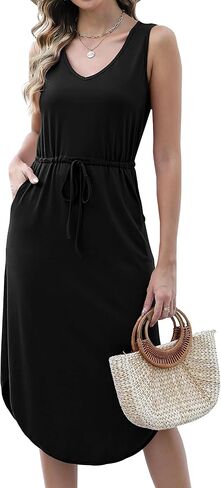 Hount Womens V Neck Sleeveless Casual T Shirt Dress Summer Midi Dress with Pockets in Kuwait