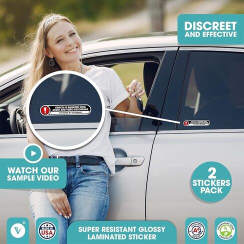 Vehicle is Equipped with Audio and Video Recording Stickers | Recording Device in Car Sticker Signs | in Car Camera Recording | 2 Small Stickers | Glossy 5x1 Inches Outdoor Vinyl Stickers (Small) in Saudi Arabia