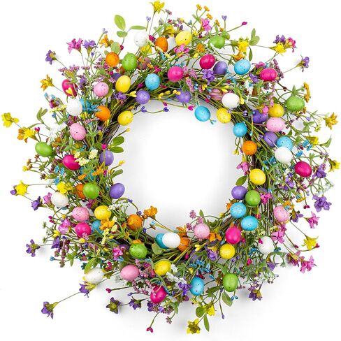 20 Inches Farmhouse Easter Wreaths Pastel Easter Wreaths for Front Door Rustic Easter Flower Wreath Colorful Egg Wreath with Wildflower Orchid for Holiday Window Porches Indoor in Saudi Arabia