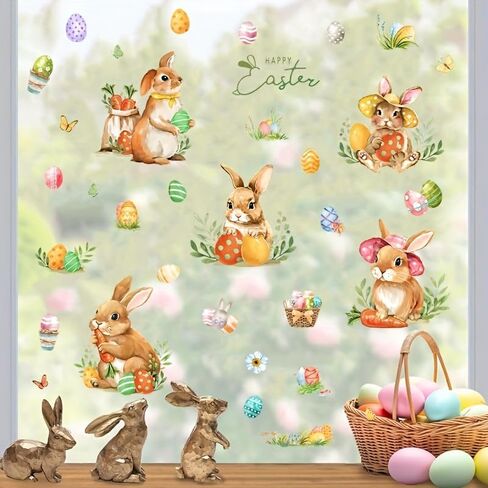 Easter Window Clings for Glass Happy Easter Bunny Rabbits Eggs Window Stickers Glass Decals for Home School Office Shop Display Party Decorations in Kuwait