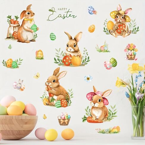 Easter Window Clings for Glass Happy Easter Bunny Rabbits Eggs Window Stickers Glass Decals for Home School Office Shop Display Party Decorations in Kuwait