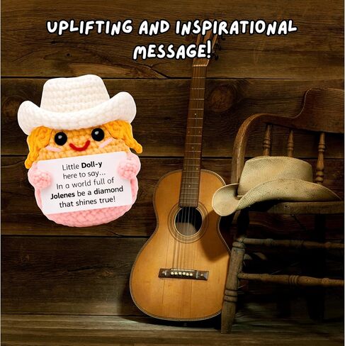 Handmade Cowgirl Crochet Doll Figurine with Inspirational Sign, Classic Country Music Star, Blonde Hair, Pink and White, Birthday Gift for Her, Friend in Saudi Arabia