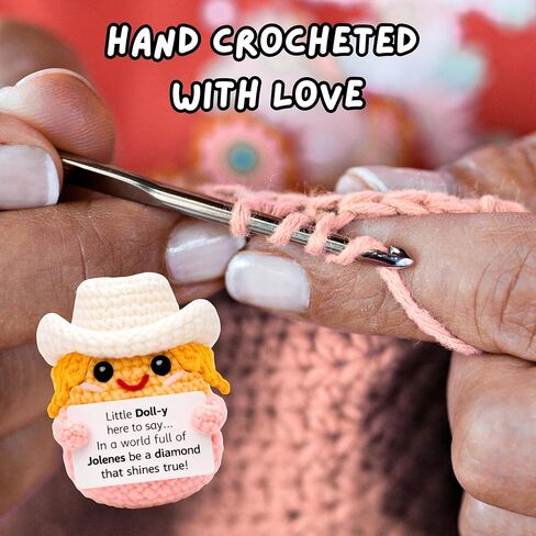 Handmade Cowgirl Crochet Doll Figurine with Inspirational Sign, Classic Country Music Star, Blonde Hair, Pink and White, Birthday Gift for Her, Friend in Saudi Arabia