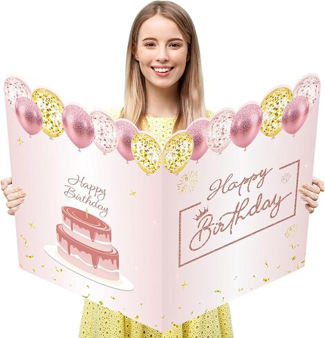 بطاقة عيد ميلاد وردية جامبو من WNINK مع مظروف، بطاقة تهنئة كبيرة جدًا مقاس 22 × 14 بوصة من الذهب الوردي للنساء والفتيات، كتاب ضيف عيد ميلاد سعيد كبير وتزيين الحفلات in Kuwait