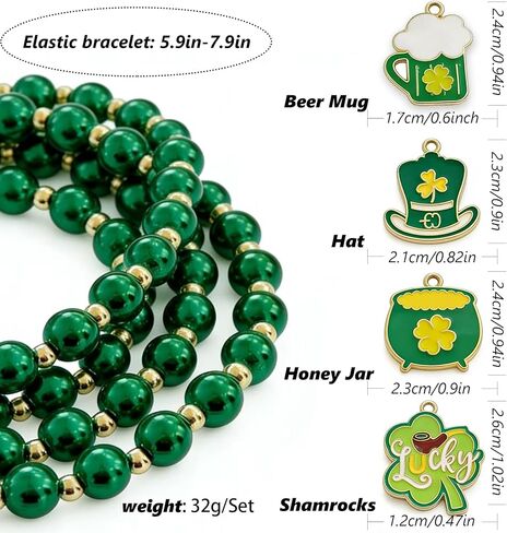 St. Patrick’s Day Green Beaded Bracelets Set for Women, Shamrock & Lucky Charm Stretch Bracelets, Irish Holiday Party Jewelry for Parade, Celebration & Everyday Wear in Saudi Arabia