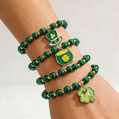 St. Patrick’s Day Green Beaded Bracelets Set for Women, Shamrock & Lucky Charm Stretch Bracelets, Irish Holiday Party Jewelry for Parade, Celebration & Everyday Wear in Saudi Arabia