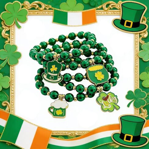 St. Patrick’s Day Green Beaded Bracelets Set for Women, Shamrock & Lucky Charm Stretch Bracelets, Irish Holiday Party Jewelry for Parade, Celebration & Everyday Wear in Saudi Arabia