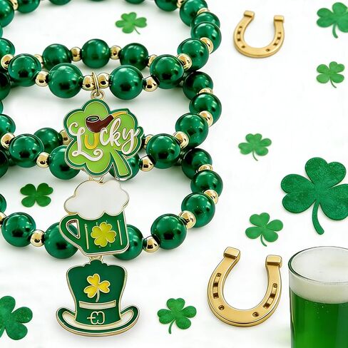 St. Patrick’s Day Green Beaded Bracelets Set for Women, Shamrock & Lucky Charm Stretch Bracelets, Irish Holiday Party Jewelry for Parade, Celebration & Everyday Wear in Saudi Arabia