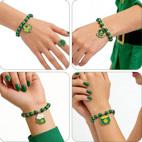 St. Patrick’s Day Green Beaded Bracelets Set for Women, Shamrock & Lucky Charm Stretch Bracelets, Irish Holiday Party Jewelry for Parade, Celebration & Everyday Wear in Saudi Arabia