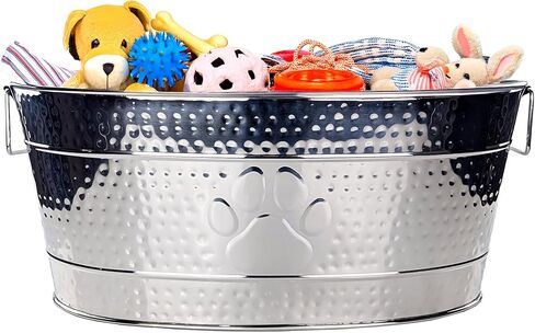 Stainless Steel Indestructible Dog Toy Bin - Pet Storage Bin with Handles, Large Organizer Storage Basket for Pet Toys, Blankets, Leashes - Pawprint Design Home Decor (Silver - 25 Quart) in Kuwait
